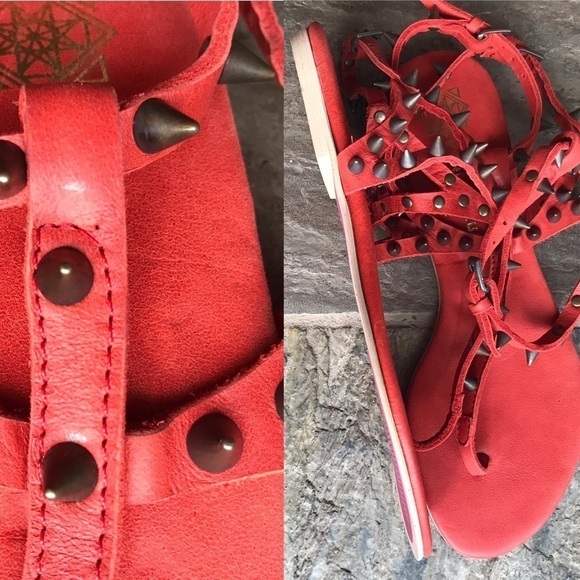 Marian Saud cherry red leather and metal studded ankle-strap gladiator sandals - Picture 7 of 9